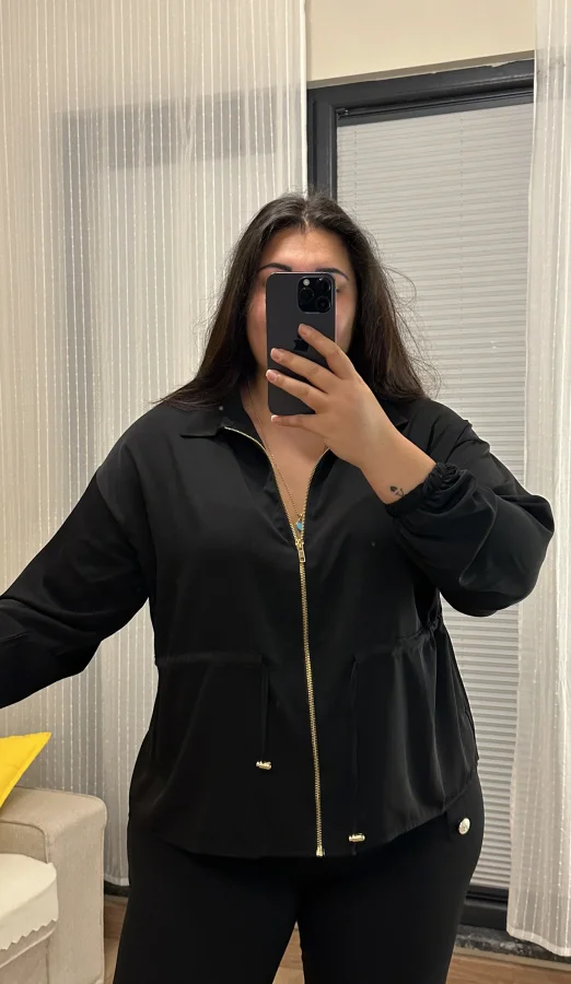 Fermuarlı Lastik Detaylı Bomber Hırka - Siyah