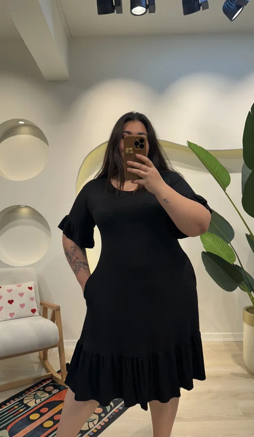 Fırfırlı Esnek Penye Elbise - Siyah