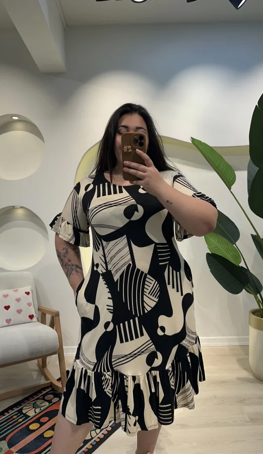 Fırfırlı Esnek Penye Elbise - Vizon Picasso Desen