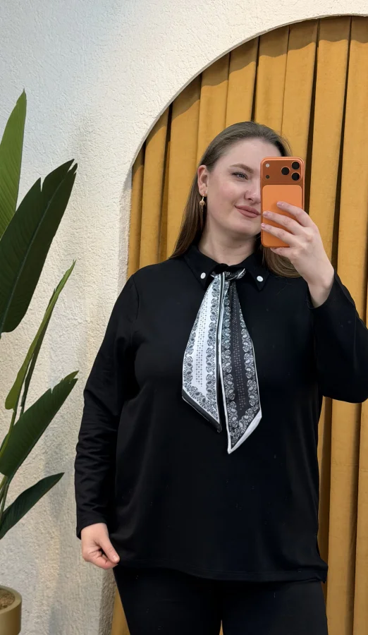 Fular Detaylı Modal Gömlek Bluz - Siyah