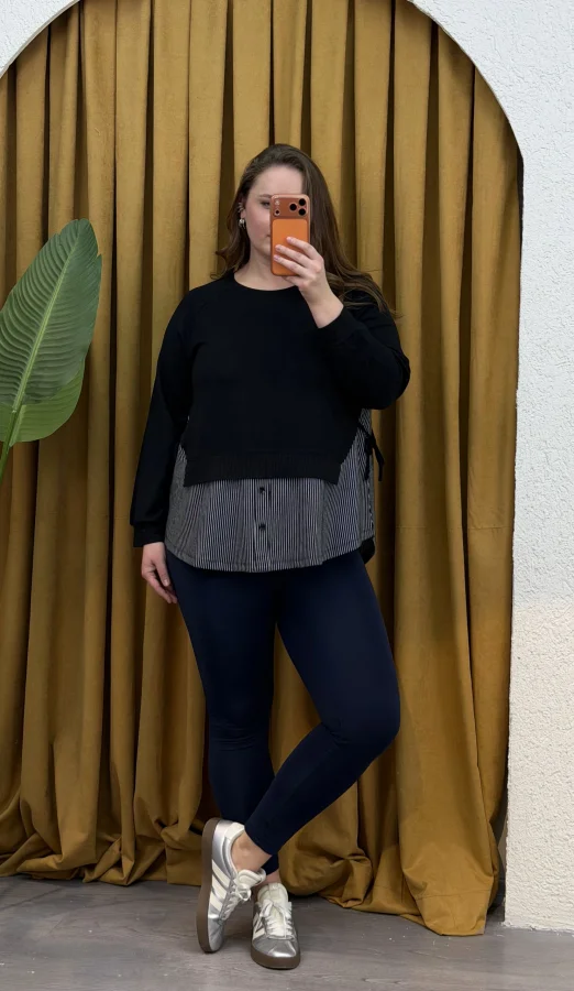 Garnili Yan Büzgü Esnek Penye Bluz - Çizgili