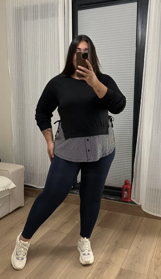 Garnili Yan Büzgü Esnek Penye Bluz - Çizgili