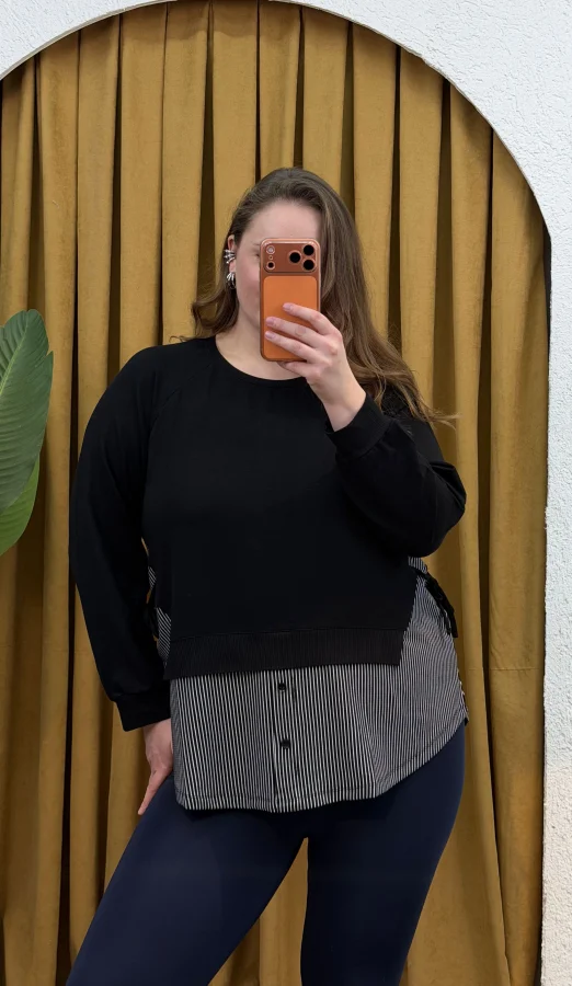 Garnili Yan Büzgü Esnek Penye Bluz - Çizgili