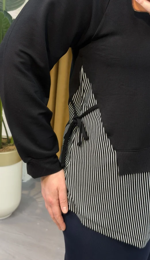 Garnili Yan Büzgü Esnek Penye Bluz - Çizgili