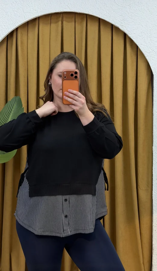 Garnili Yan Büzgü Esnek Penye Bluz - Çizgili