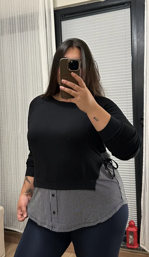 Garnili Yan Büzgü Esnek Penye Bluz - Çizgili