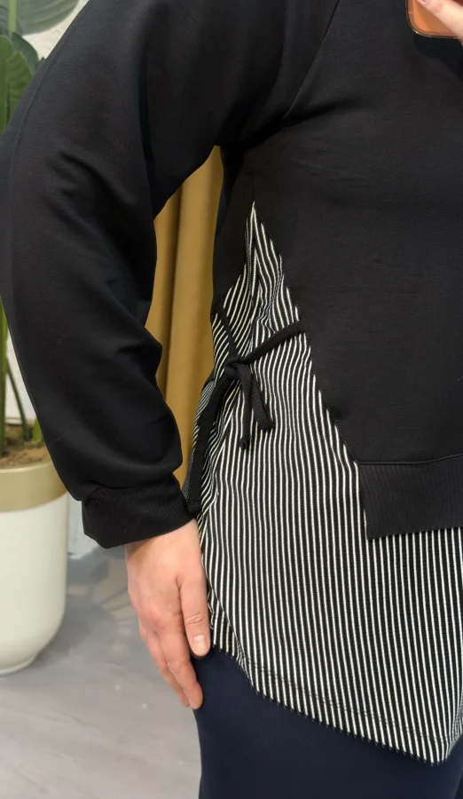 Garnili Yan Büzgü Esnek Penye Bluz - Çizgili