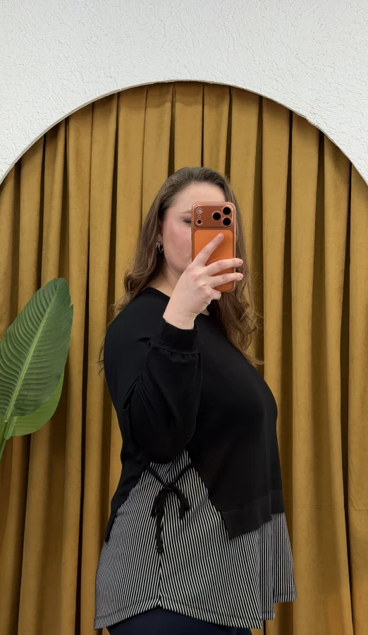 Garnili Yan Büzgü Esnek Penye Bluz - Çizgili