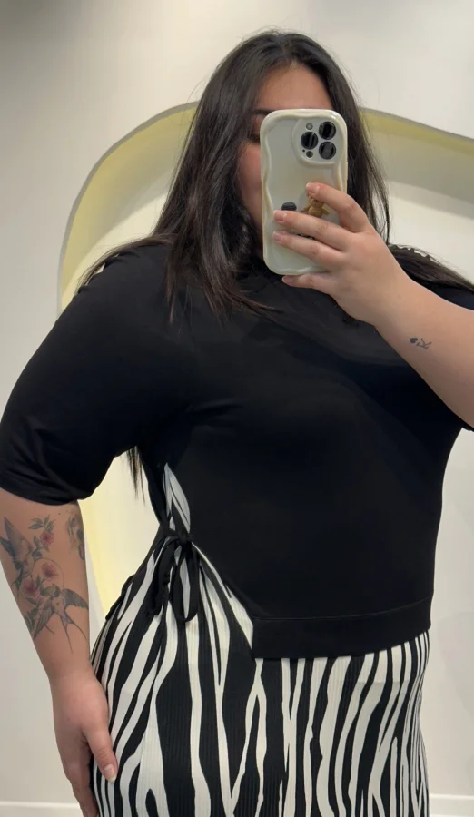 Garnili Yan Büzgü Esnek Penye Elbise - Zebra Desen