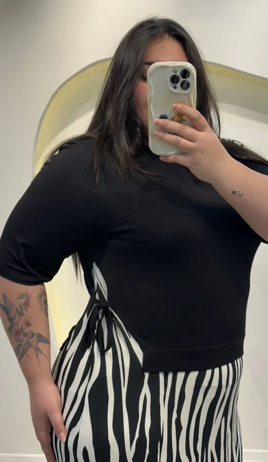 Garnili Yan Büzgü Esnek Penye Elbise - Zebra Desen