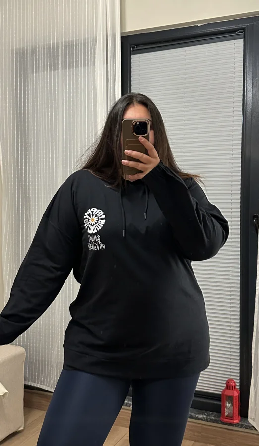 Geniş Kalıp 2 İplik Kapüşonlu Sweatshirt - Siyah Papatya