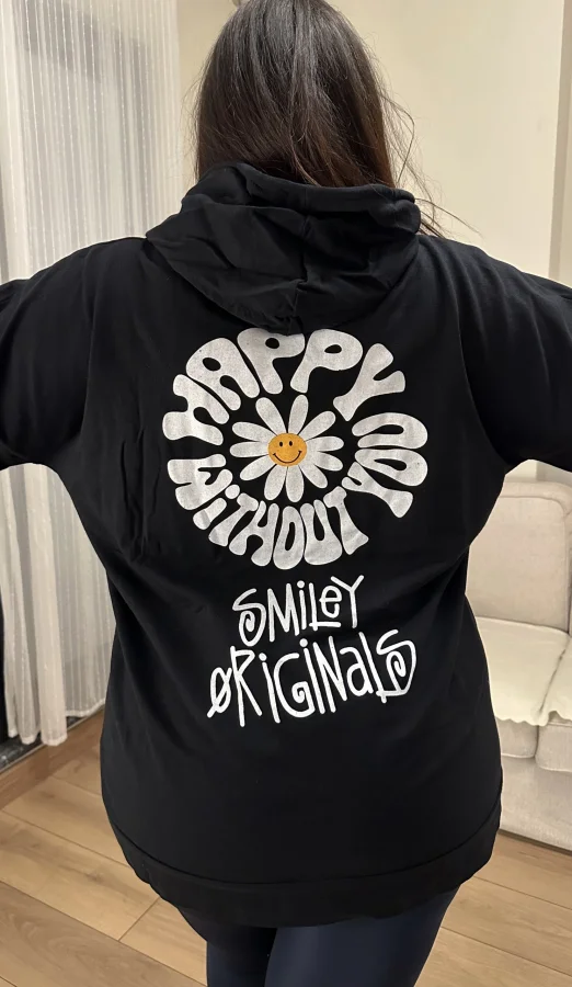 Geniş Kalıp 2 İplik Kapüşonlu Sweatshirt - Siyah Papatya
