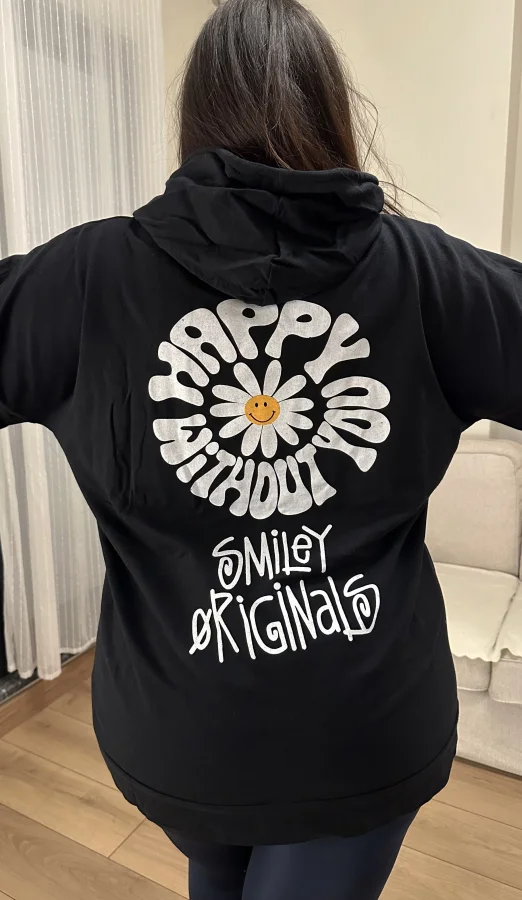 Geniş Kalıp 2 İplik Kapüşonlu Sweatshirt - Siyah Papatya