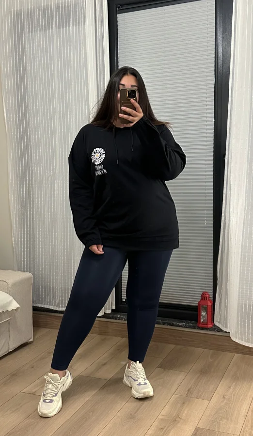 Geniş Kalıp 2 İplik Kapüşonlu Sweatshirt - Siyah Papatya