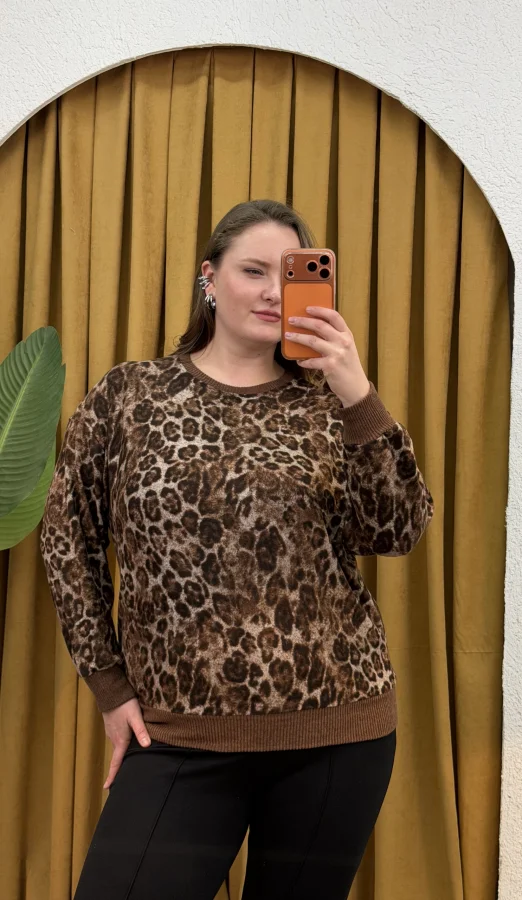 Geniş Kalıp Esnek Yumoş Bluz - Leopar