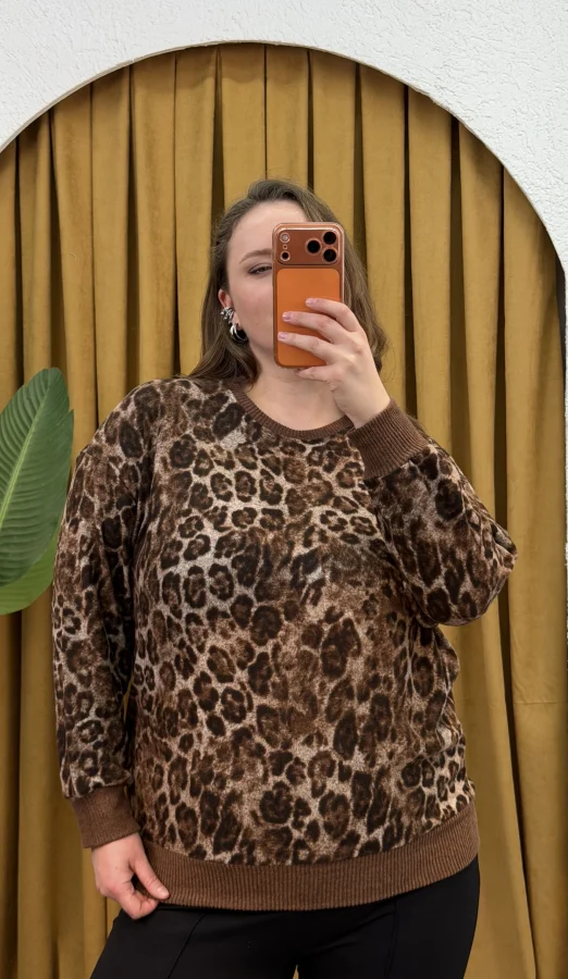 Geniş Kalıp Esnek Yumoş Bluz - Leopar