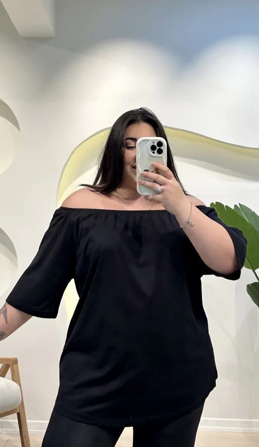 Geniş Kalıp Madonna Yaka Tunik Penye Bluz - Siyah