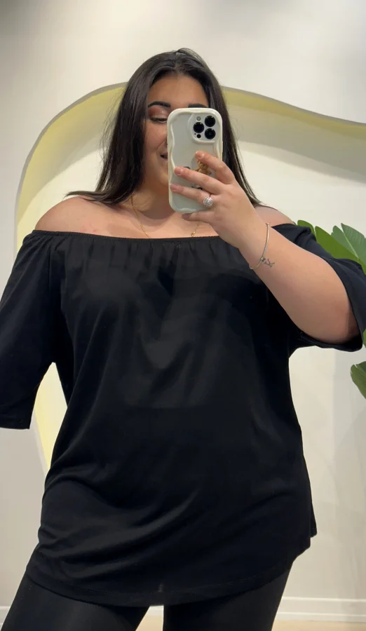 Geniş Kalıp Madonna Yaka Tunik Penye Bluz - Siyah