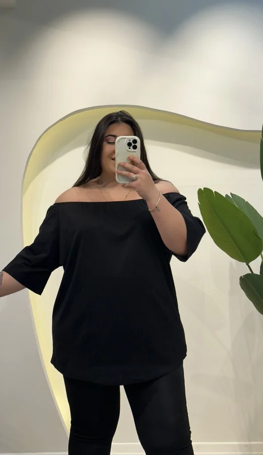 Geniş Kalıp Madonna Yaka Tunik Penye Bluz - Siyah