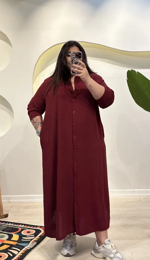 Geniş Kesim Ayrobin Gömlek Elbise - Bordo