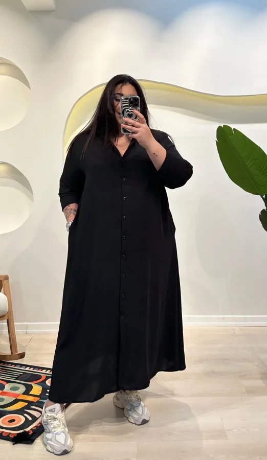 Geniş Kesim Ayrobin Gömlek Elbise - Siyah