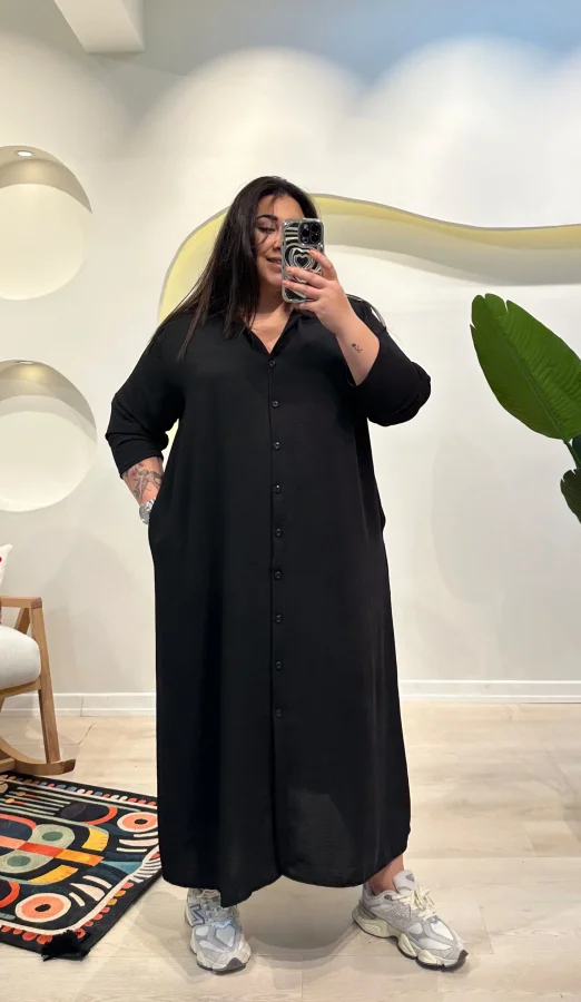 Geniş Kesim Ayrobin Gömlek Elbise - Siyah