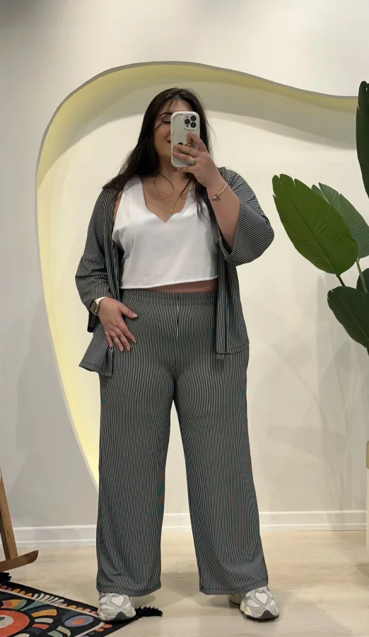Geniş Kesim Bürümcük Palazzo Takım - Siyah Çizgili