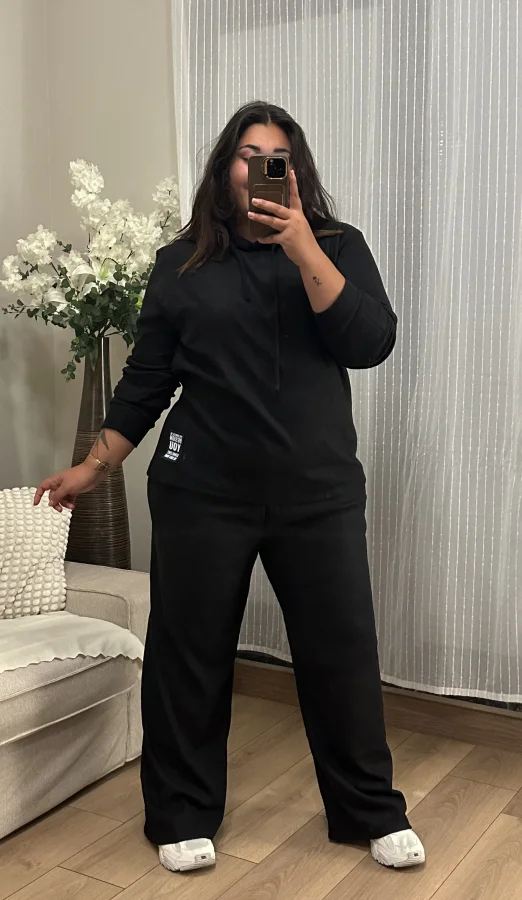 Geniş Kesim Esnek Kapüşonlu Fitilli Takım - Siyah
