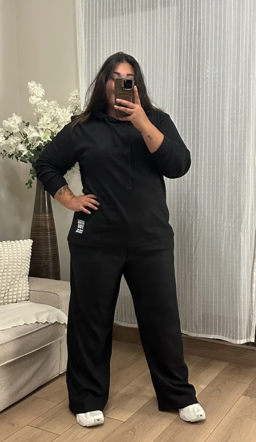 Geniş Kesim Esnek Kapüşonlu Fitilli Takım - Siyah