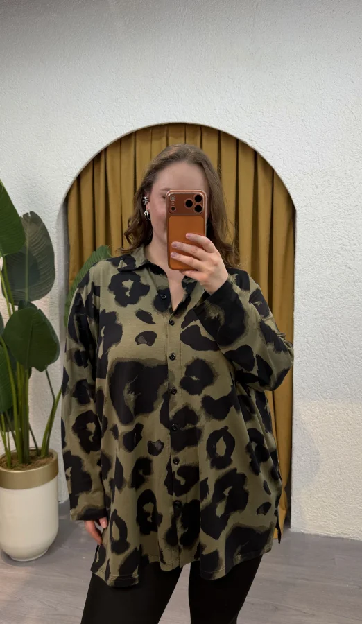 Geniş Kesim Esnek Penye Gömlek - Haki Leopar