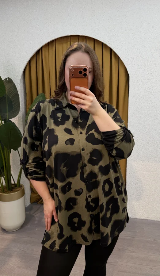 Geniş Kesim Esnek Penye Gömlek - Haki Leopar