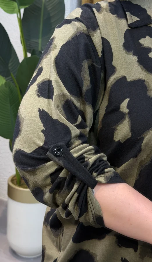 Geniş Kesim Esnek Penye Gömlek - Haki Leopar