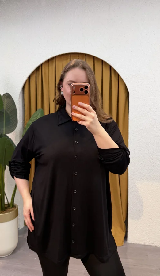 Geniş Kesim Esnek Penye Gömlek - Siyah