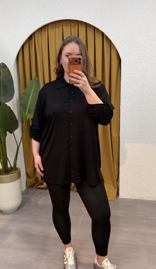 Geniş Kesim Esnek Penye Gömlek - Siyah