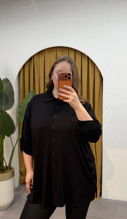 Geniş Kesim Esnek Penye Gömlek - Siyah