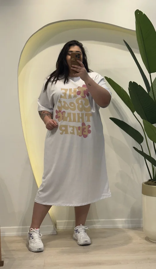 Geniş Kesim Pamuklu Penye Tişört Elbise - Beyaz Papatya