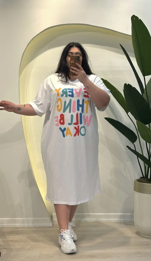 Geniş Kesim Pamuklu Penye Tişört Elbise - Beyaz Rainbow