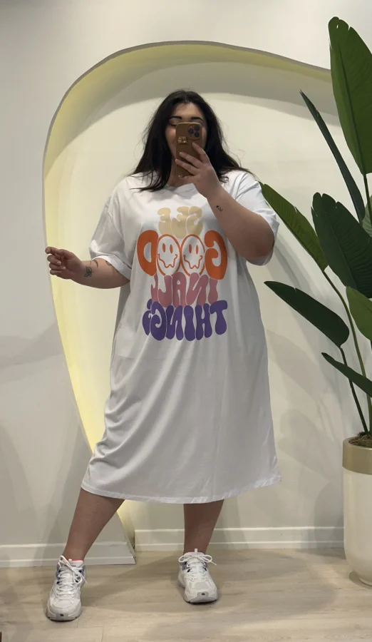 Geniş Kesim Pamuklu Penye Tişört Elbise - Beyaz Smile
