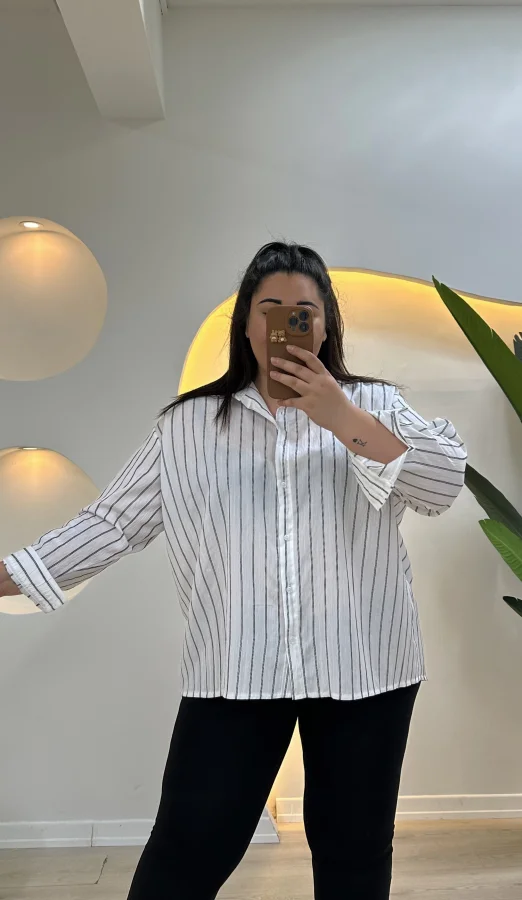 Geniş Kesim Pamuklu Tensel Gömlek - Beyaz Çizgili