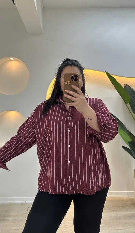 Geniş Kesim Pamuklu Tensel Gömlek - Bordo Çizgili