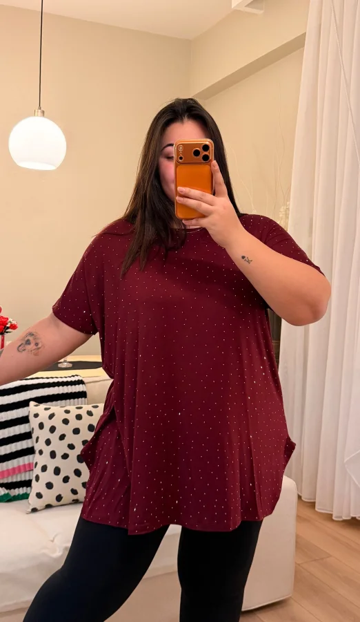 Geniş Kesim Taş Detaylı Penye Bluz - Bordo