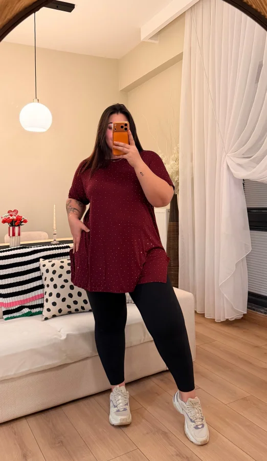 Geniş Kesim Taş Detaylı Penye Bluz - Bordo