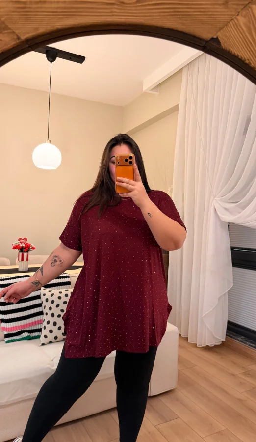 Geniş Kesim Taş Detaylı Penye Bluz - Bordo