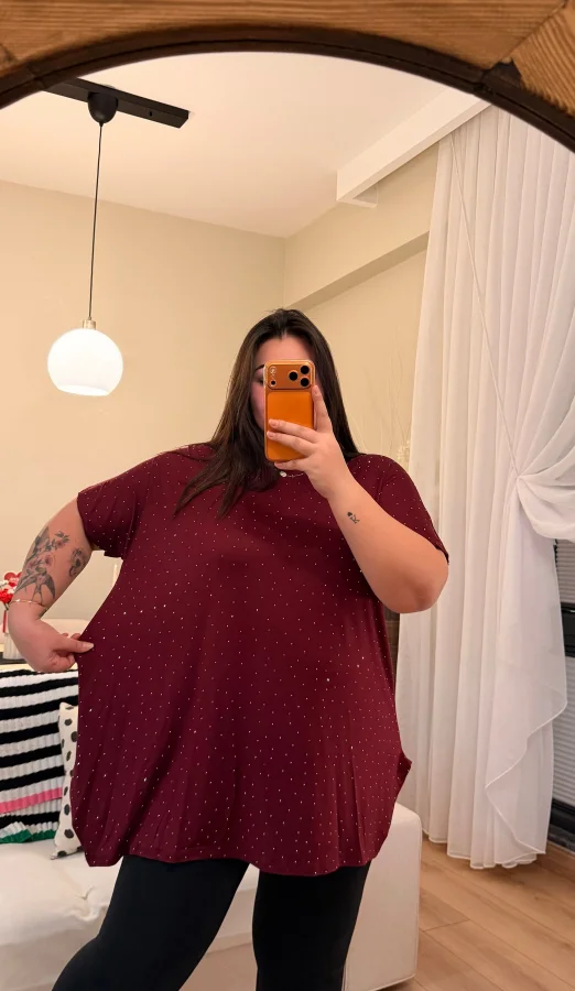 Geniş Kesim Taş Detaylı Penye Bluz - Bordo