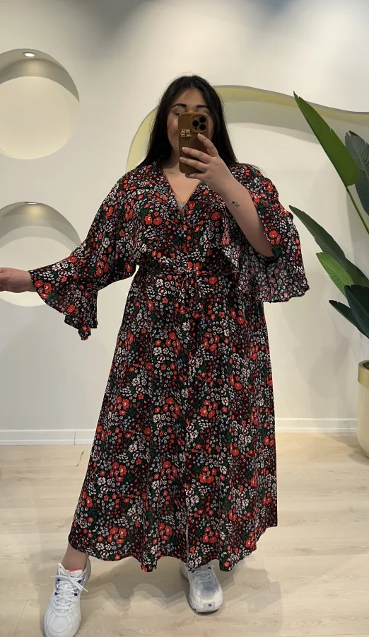 Geniş Kesim Yarasa Kol Viskon Gömlek Elbise - Çiçekli