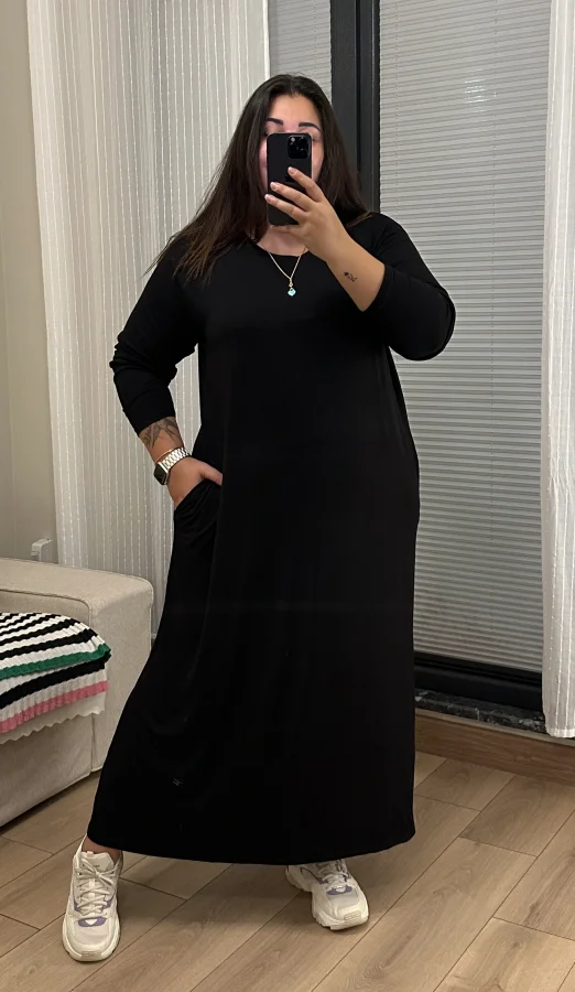 Gizli Cep Basic Esnek Penye Elbise - Siyah