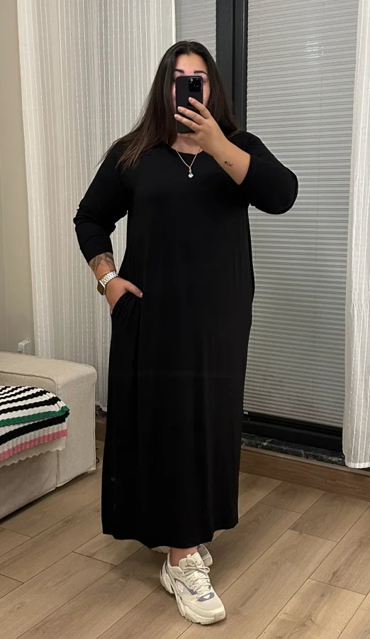 Gizli Cep Basic Esnek Penye Elbise - Siyah