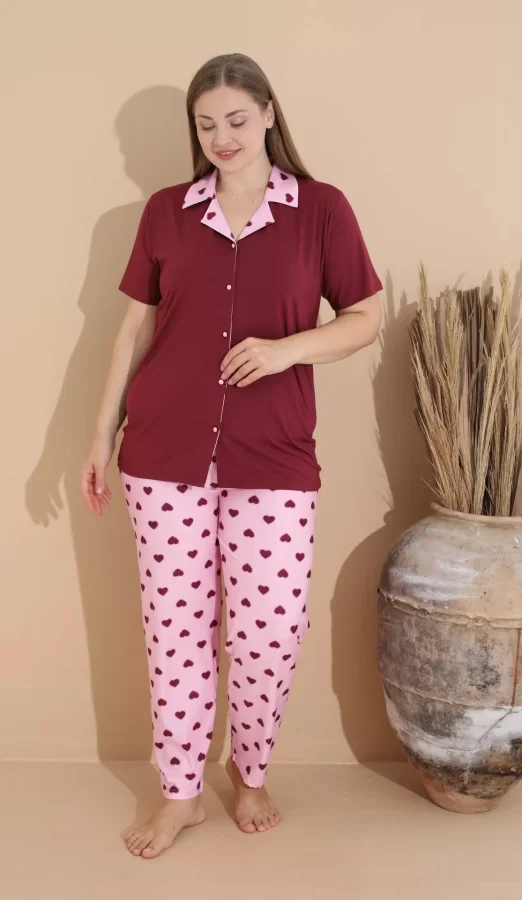 Gömlek Model Penye Pijama Takımı - Pembe Kalpli