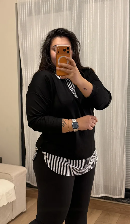 Gömlek Yaka Çizgili Esnek Bluz - Siyah