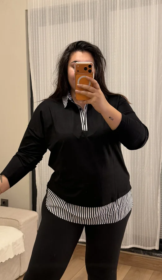 Gömlek Yaka Çizgili Esnek Bluz - Siyah